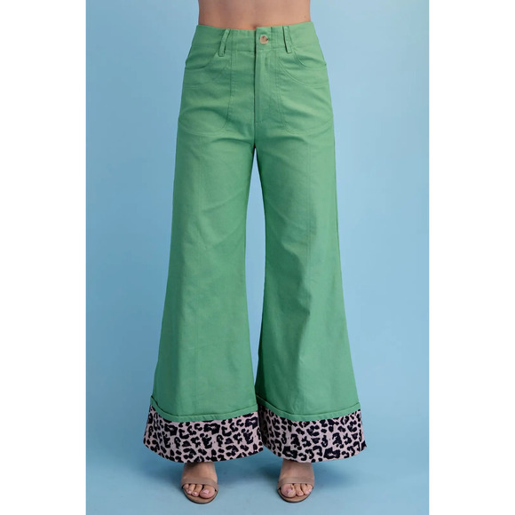 Gigio Pants - TE2041 APGRN Gigio Leopard Cuffed Flare Pants Various Sizes